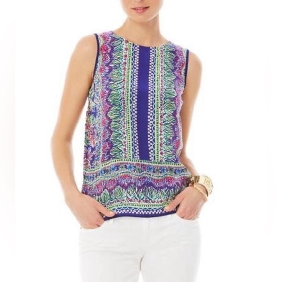 Lilly Pulitzer Bright Navy Not too Catty Iona Silk Top - Picture 3 of 4